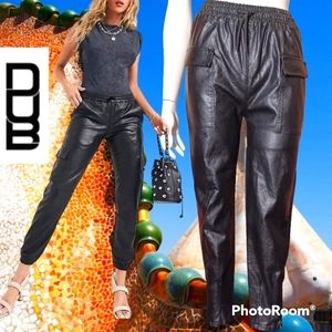 DuB NEW Sexy Black Vegan Leather Pants Tapered w/Zipper Ankle Cargo pocket Sz Lg